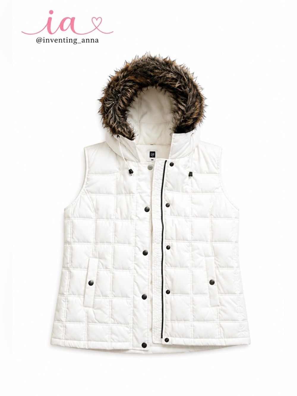 GAP True White Quilted Puffer Vest with Faux Fur Hood Zip and Snap Closure
